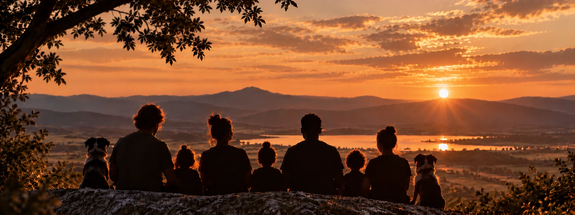 Our two families and dogs overlooking the Tanzanian landscape at sunset